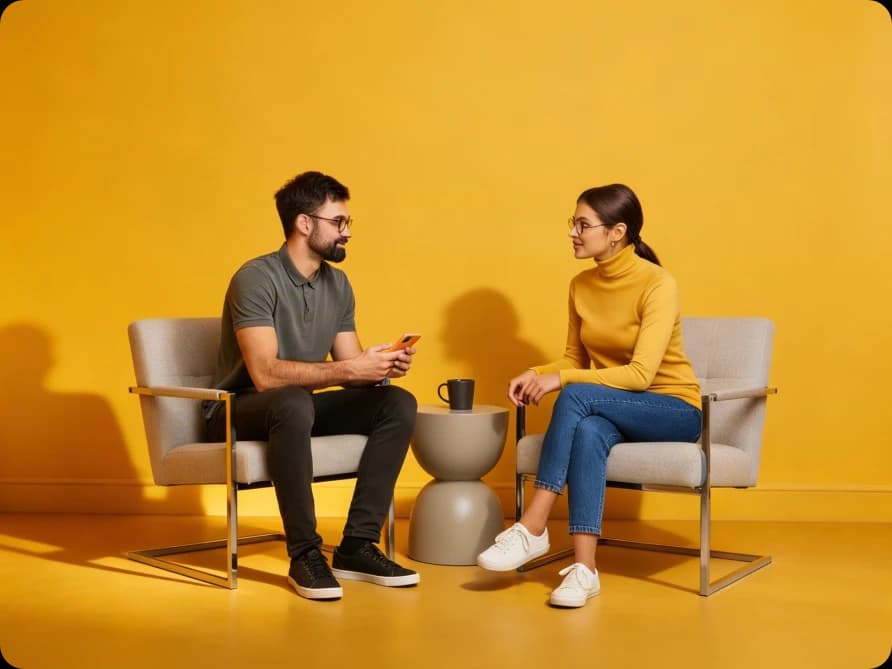 Two people talking in armchairs, one holding a phone